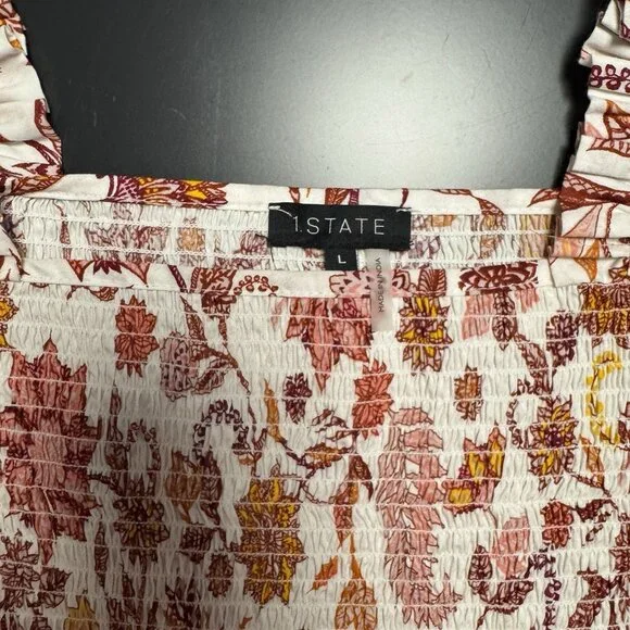 1.STATE REVOLVE Puff Sleeve‎ Smocked Mini Dress Fiesta Floral Batik Orange L - Picture 8 of 11